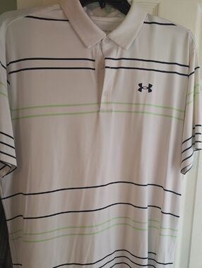 Under Armour White Polo with Navy and Light Green Stripes